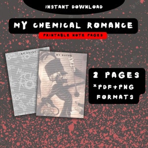 Puede incluir: Dos páginas de notas imprimibles con una ilustración en blanco y negro de una persona con un sombrero y un micrófono. El texto "My Chemical Romance" y "My Notes" es visible en las páginas. El fondo es gris oscuro con salpicaduras de pintura roja.
