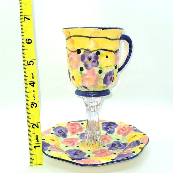 Altered Art Assemblage Created from Upcycled Dishes, OOAK, Yellow Tea Cup and plate, 7 inches tall.  Makes great House Warming Gift