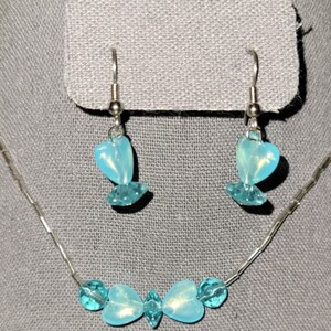 Boho, Earrings and Necklace, Light Blue, Dangling earrings, Matching Set, Recycled, Repurposed, Upcycled, Ear Wire, 19 inch necklace,