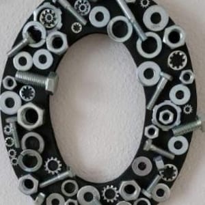 Decorated Wooden Letter &#39;O&#39;, 10 inches, Recycled Screws Repurposed Nuts, Man Cave, Wall Hanging, Home Decor, Upcycled, Dad Gift