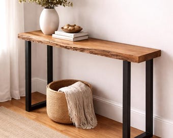 Live Edge Konsolentisch Eiche - schmaler Massivholz-Flurtisch mit Stahlbeinen - individuelle Breite & Höhe