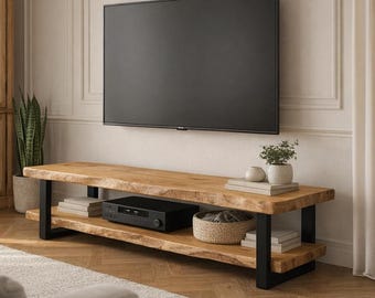 Live Edge Fernsehtisch aus massivem Eichenholz mit Stahlbeinen - Rustikale Medienkonsole - Minimalistische Holz-TV-Bank