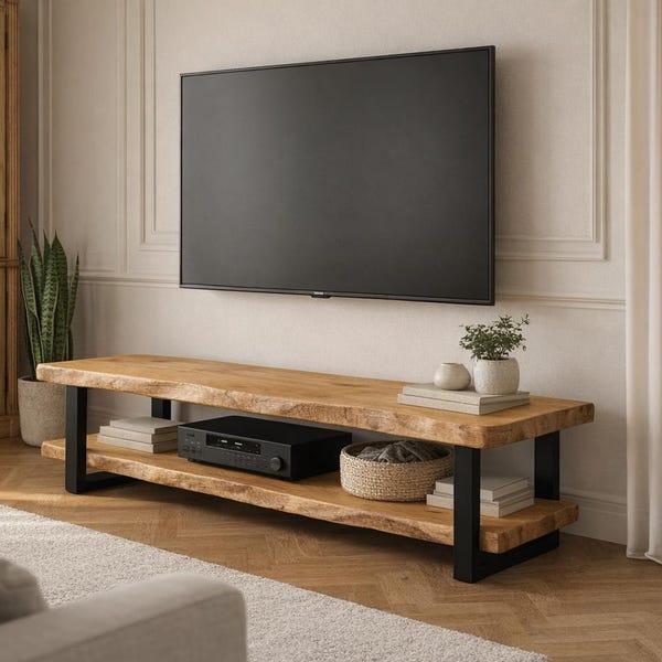 Solid Oak Live Edge TV Stand with Steel Legs – Rustic Media Console – Minimalist Wood TV Bench