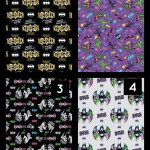 May include: A four-panel fabric print featuring DC Comics characters. Panel 1 has a black background with yellow Joker text and bat logos. Panel 2 has a purple background with repeating figures of Joker and Harley Quinn. Panel 3 is black with Batman vs Joker text and graphics. Panel 4 is light gray with circular Batman and Joker character motifs.