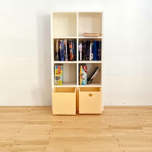 Dollhouse Bookshelf 1:12 Scale – Mini IKEA Kallax Style Shelf – Modern Miniature Furniture for Dollhouse Kids Room Decor.