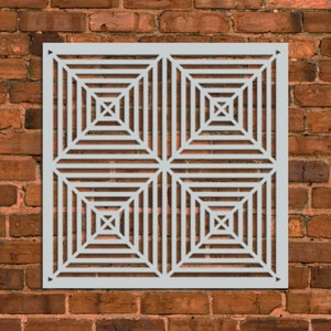 May include: A white metal wall decor with a geometric pattern of overlapping squares. The design is symmetrical and creates a modern and minimalist look.