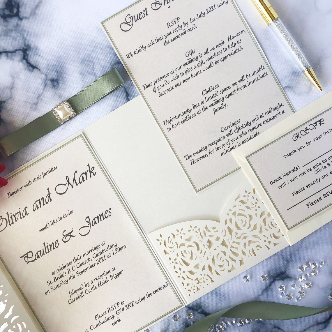 Laser Cut Wedding Invitation in Ivory and Sage Green. Handmade Etsy