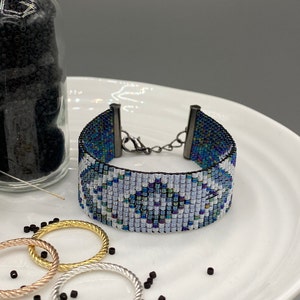 Miyuki Bead Bracelet - Oil Blue / Silver / Crystal - Centre Diamond - Handmade - Premium Glass Beads