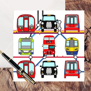 Transporte del tranvía de Londres / Metro / Autobús / Taxi / Docklands Light Railway Tarjeta de felicitación (en blanco por dentro para su propio mensaje)