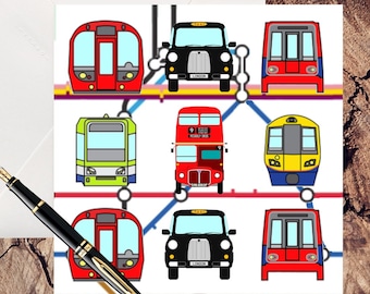 Transport of London Tram / Underground / Bus / Taxi / Docklands Light Railway Greetings Card (blank inside for your own message)