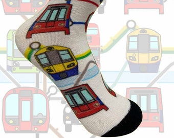 Transport in London Kids Socks featuring trains, buses, tube, the DLR, trams and taxi