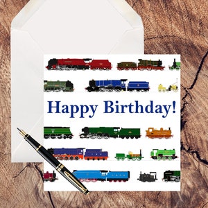 英国鉄道蒸気機関車プリント「Happy Birthday!」バースデーカード（内側は空白で、ご自身のメッセージを記入できます）