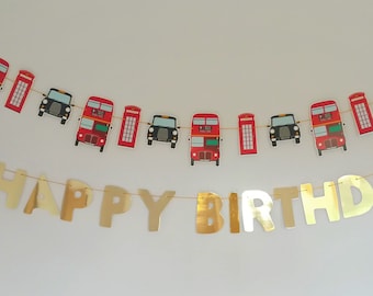 Happy Birthday Garland / Banner: London Routemaster Bus, Taxi Cab and Telephone Box Booth with gold foil letters