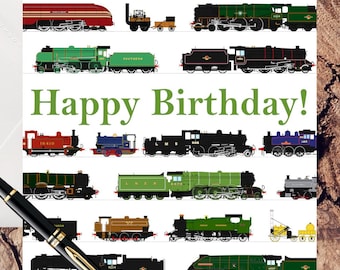 Tarjeta de cumpleaños "Feliz cumpleaños" con trenes de vapor de British Railways (interior en blanco para tu mensaje)