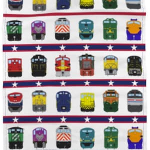 May include: A white background with red, white, and blue stripes and stars.  There are 40 different train engine illustrations in various colors.  The text "On The Rails" is at the bottom of the image.
