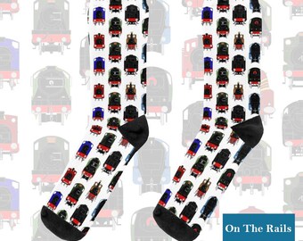 British Railways Steam Trains Face Print Socks, including 'Mallard', 'Flying Scotsman', 'Duchess of Hamilton', J94, 9F, Bulleid