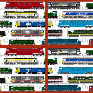May include: A repeating pattern of colourful train illustrations on a white background. The trains are various colours, including blue, green, red, and yellow. The image is framed with a red border.