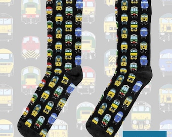 British Rail Diesel Trains Face Print Socks, including Class 55 'Deltic', Class 37, Class 47, Class 08, Class 50, Class 52 and more