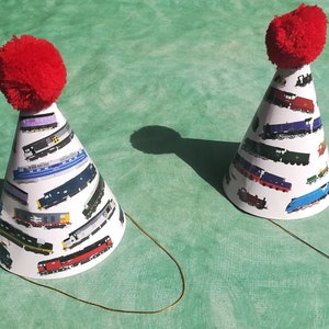 Steam Trains and Diesels Party Hats (pack of 8) - card hats with gold elastic and pompom