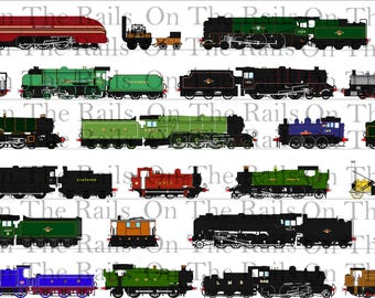 Steam Locos Print on Cotton Poplin Fabric (incl famous trains "Flying Scotsman" "Duchess of Hamilton" "Cheltenham" "Rocket" "Locomotion")