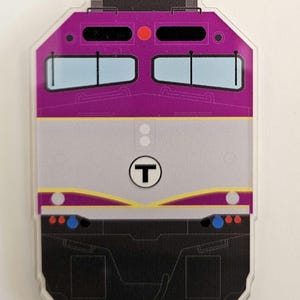 Imán acrílico de 75 mm para locomotora de tren - Locomotora diésel EMD F40PH de la Autoridad de Transporte de la Bahía de Massachusetts