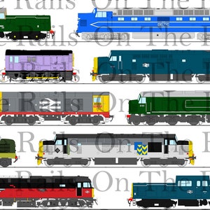 Diesel Locos Print on Cotton Poplin Fabric (includes famous trains &quot;Deltic&quot; and Classes 03, 08, 17, 20, 46, 47, 50, 52, 58)