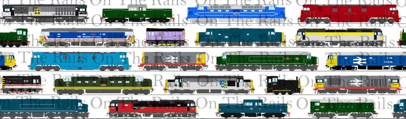 Diesel Locos Print on Cotton Poplin Fabric includes famous trains Deltic and Classes 03, 08, 17, 20, 46, 47, 50, 52, 58 image 1