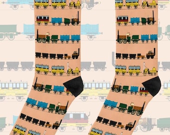 Early Steam Railways (Era 1) Train Socks featuring Stephenson's 'Rocket', 'Locomotion No 1', 'Lion' and 'Planet'