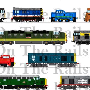 May include: A selection of model train locomotives in various colours, including blue, orange, green, and yellow. The image displays different train car styles, with a variety of details. The text "On The Rails" is visible.
