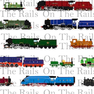 May include: A collection of colorful train illustrations, each with unique designs and color schemes. The trains vary in size and style, with details like wheels, smokestacks, and carriages. The background features the text "On The Rails" repeated.