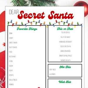 KLAAR OM AF TE DRUKKEN Geheime Santa-enquête, uitwisselingsformulier voor vakantiecadeaus, cadeau geven op kantoor, kerstverlanglijst