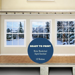 May include: Three white windows with a snowy winter scene outside. The windows are in a room with a wood floor and a white wall. A blue circle with the text "READY TO PRINT" and "Winter Wonderland Digital Download 1:12 Windows" is in the lower right corner of the image.