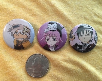 Guziki metalowe z ozdobną przypinką Soul Eater (zestaw 3 sztuk) o średnicy 1,5 cala.