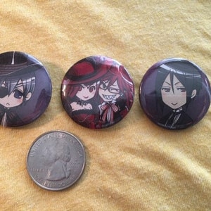 Black Butler (set of 3) 1.5&quot; pinback style metal buttons.
