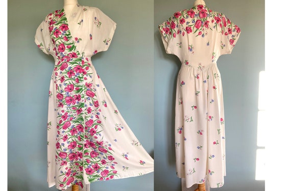 Original 1940s rayon long floral wrap dress border