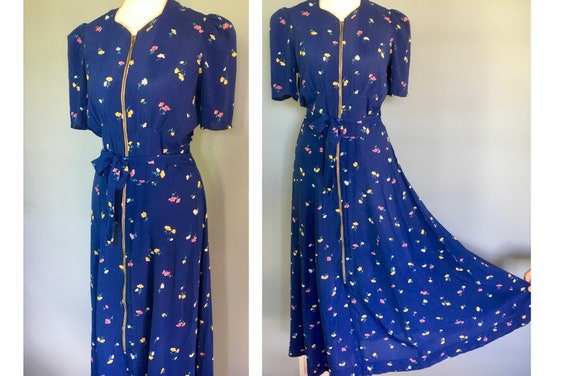 Original 1940's long floral rayon zip front dress