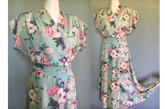 Original 1940's rayon long floral wrap dress house
