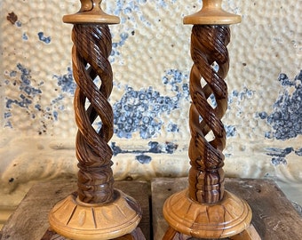 Hand Carved wood spiral, twist candlesticks