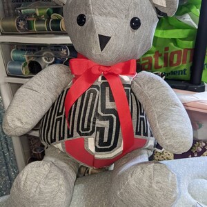 Pode incluir: Um urso de peluche cinza com um la&ccedil;o vermelho e uma camisa preta e branca com a palavra "HOSTA" impressa.