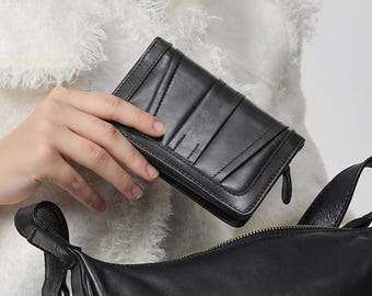 Portafoglio classico da donna in pelle, porta carte di credito con protezione RFID e portamonete con cerniera.