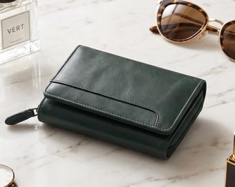 Damen-Geldbörse aus weichem Leder mit RFID-Schutz, dreifach faltbar, mit Reißverschluss, 8 Kartenfächern, Ausweisfach, personalisierbar mit Initialen, 6 Farben – das perfekte Weihnachtsgeschenk für Sie