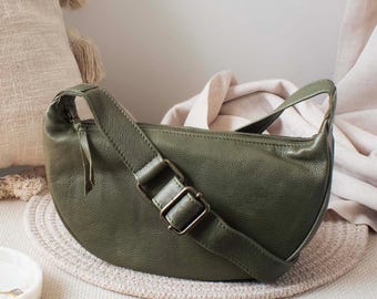 Dames leren crossbodytas in halvemaanvorm, kleine schoudertas in halvemaanvorm, zachte leren handtas met verstelbare riem, alledaagse tas met ritssluiting voor vrouwen