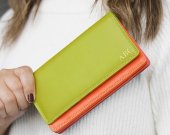 Cartera de cuero personalizada para mujer con protección RFID, monedero verde con interior colorido, regalo para ella, cartera de mano (Reino Unido)