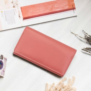 Cartera para mujer, tarjetero, monedero, regalo para ella, cartera de mano de cuero para mujer, cartera grande para mujer, cartera de cuero rosa con cremallera RFID