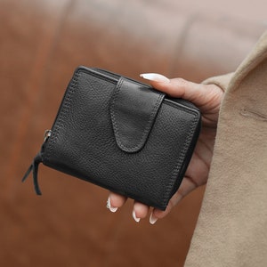 Portafoglio nero per donna, piccolo in pelle, idea regalo per mamma, porta monete, porta carte di credito, portafoglio RFID per donna, portafoglio tascabile in morbida pelle