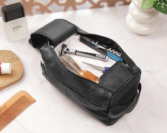 Personalisierte Herren-Kulturtasche aus Leder mit lasergraviertem Namen, Reise-Kulturbeutel, wasserabweisender Pflegekoffer, Weihnachtsgeschenk für ihn