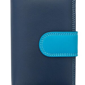 May include: A vertical bi-fold wallet in dark navy blue with a bright cyan blue tab closure. The wallet features visible white contrast stitching along the edges and the tab, providing a clean, structured look for this compact accessory.