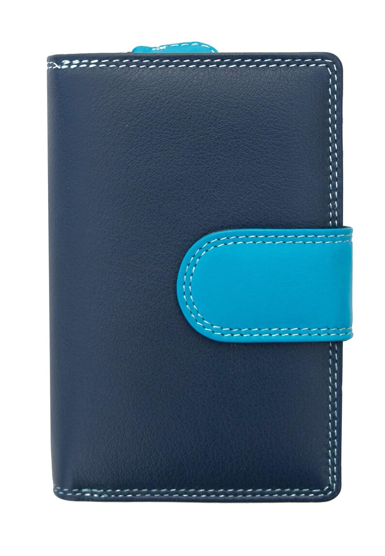 May include: A vertical bi-fold wallet in dark navy blue with a bright cyan blue tab closure. The wallet features visible white contrast stitching along the edges and the tab, providing a clean, structured look for this compact accessory.