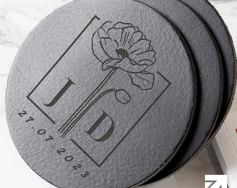 Personalised Leather Coaster Set 3rd Anniversary Gift Company Logo Bar Coasters Real Leather Coasters Engraved UK