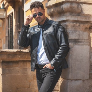 Mens Leather Jacket Black Biker Jacket Sheepskin Genuine Leather Motorcycle Jacket For Men Racer Jacket Designer Luxury Leather Gift For Him
